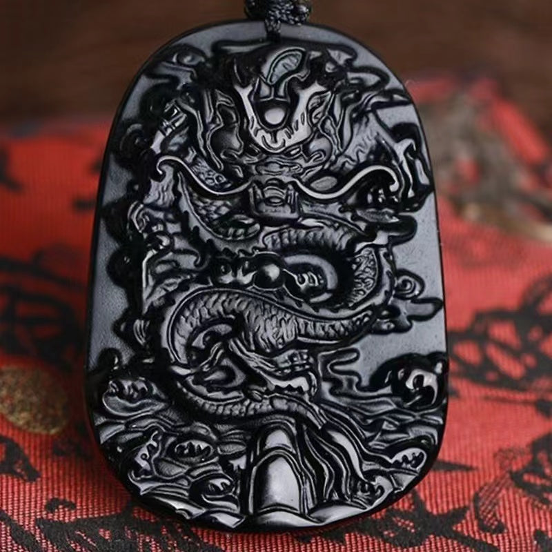 Natural Black Obsidian Dragon Necklace - Protection, Luck, Success