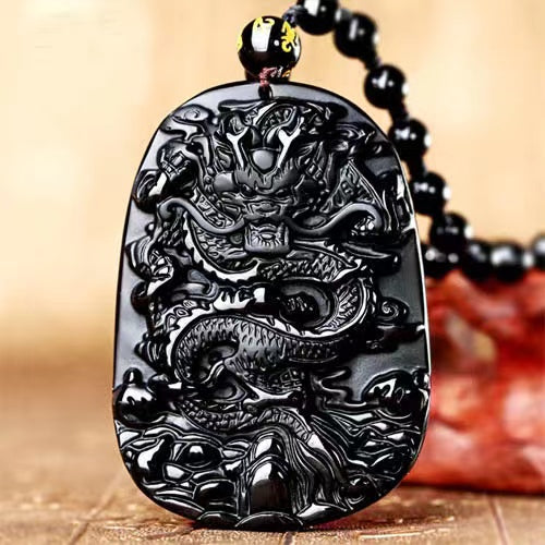 Natural Black Obsidian Dragon Necklace - Protection, Luck, Success