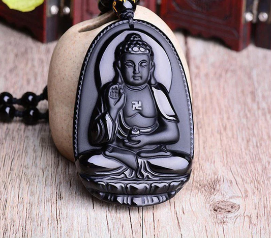 Black Obsidian Buddha Necklace Pendant - Protection & Courage