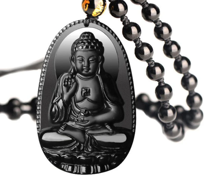 Black Obsidian Buddha Necklace Pendant - Protection & Courage