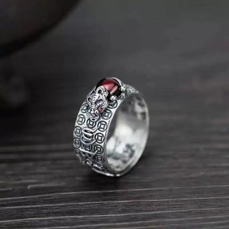 Natural Garnet Pixiu Ring - Feng Shui Wealth Ring