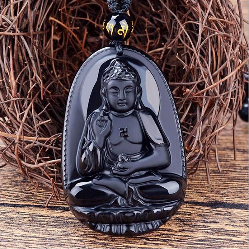 Black Obsidian Buddha Necklace Pendant - Protection & Courage