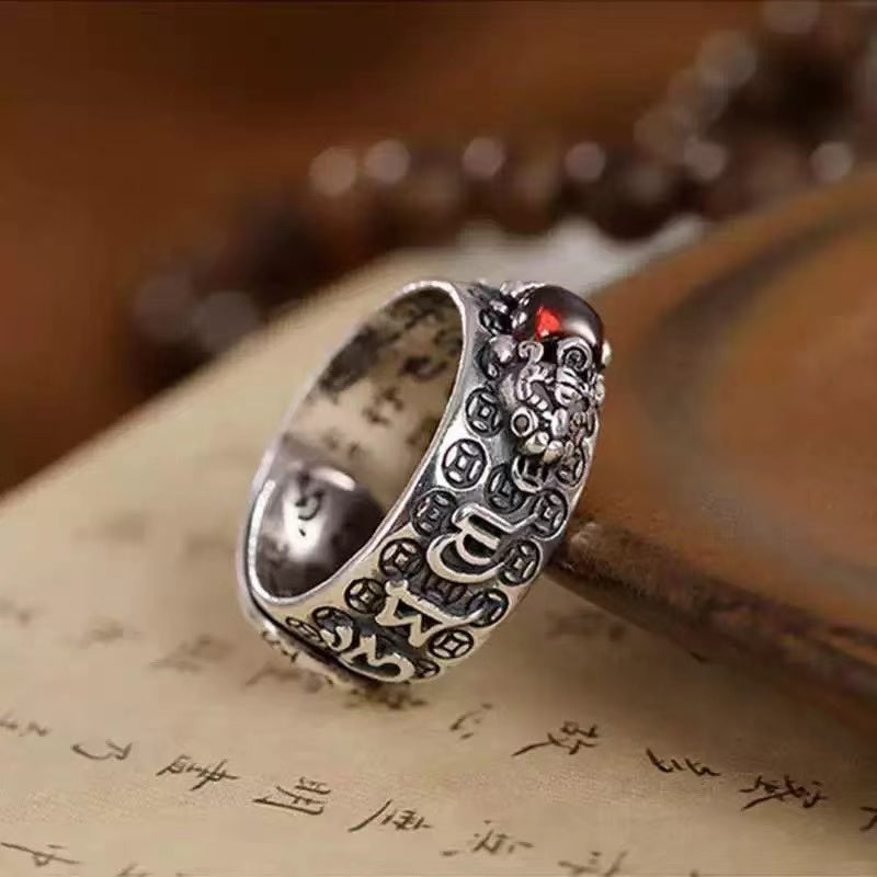 Natural Garnet Pixiu Ring - Feng Shui Wealth Ring