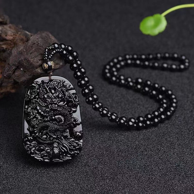 Natural Black Obsidian Dragon Necklace - Protection, Luck, Success